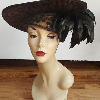 Vtg 1930 Leopard Fascinator Derby Hat w/Feathers