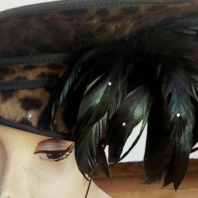 Vtg 1930 Leopard Fascinator Derby Hat w/Feathers