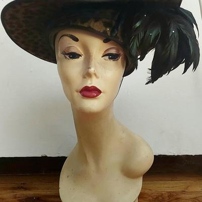 Vtg 1930 Leopard Fascinator Derby Hat w/Feathers