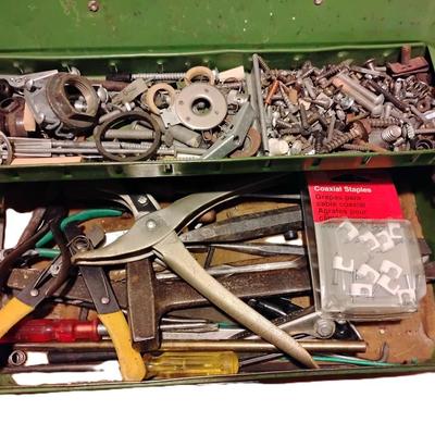 Green metal toolbox and contents of toolbox