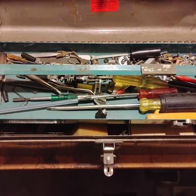 Grey Metal Toolbox and its contents