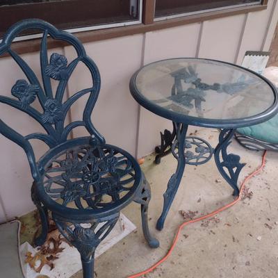 Cast Metal Bistro Table and Chair with Iris Design