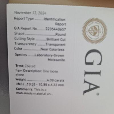 4.08 ct GIA Certified Round Brilliant Cut Lab Grown Moissanite with Appraisal