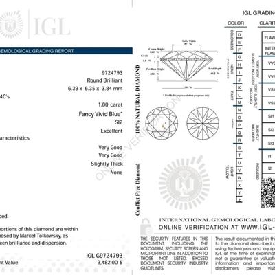Beautiful Blue Diamond 1 ct Certified SI2