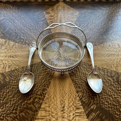STERLING SILVER SPOONS AND STERLING SILVER BASKET WITH GLASS BOWL INSERT CANDY DISH WITH HANDLE