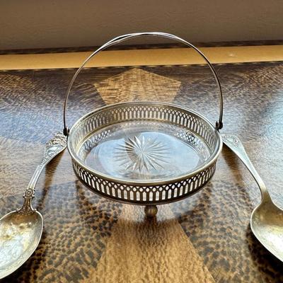 STERLING SILVER SPOONS AND STERLING SILVER BASKET WITH GLASS BOWL INSERT CANDY DISH WITH HANDLE