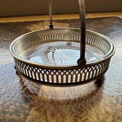 STERLING SILVER SPOONS AND STERLING SILVER BASKET WITH GLASS BOWL INSERT CANDY DISH WITH HANDLE