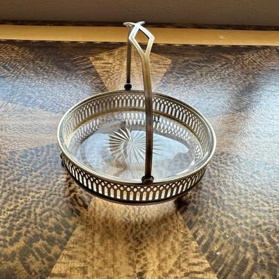 STERLING SILVER SPOONS AND STERLING SILVER BASKET WITH GLASS BOWL INSERT CANDY DISH WITH HANDLE