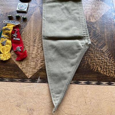 VINTAGE BOY SCOUTS SASH WITH MERIT BADGES, NECKERCHIEF HOLDERS AND WEBELOS TRICOLOR RIBBON WITH PINS