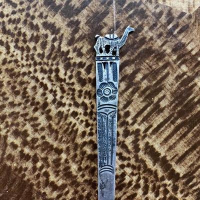 WALKING CANE HANDLE WITH STERLING SILVER TIP, GLASS PAPERWEIGHT AWARD WITH STERLING SILVER RIBBON AND COLLECTORS SPOON