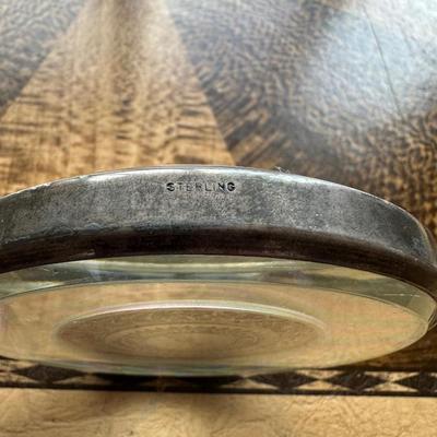 WALKING CANE HANDLE WITH STERLING SILVER TIP, GLASS PAPERWEIGHT AWARD WITH STERLING SILVER RIBBON AND COLLECTORS SPOON