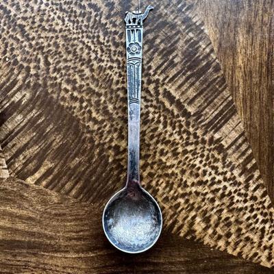 WALKING CANE HANDLE WITH STERLING SILVER TIP, GLASS PAPERWEIGHT AWARD WITH STERLING SILVER RIBBON AND COLLECTORS SPOON