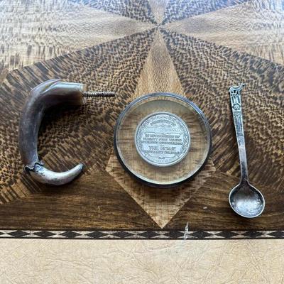 WALKING CANE HANDLE WITH STERLING SILVER TIP, GLASS PAPERWEIGHT AWARD WITH STERLING SILVER RIBBON AND COLLECTORS SPOON