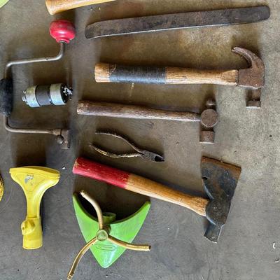 HAND TOOLS, METAL GAS CAN, FUNNEL, HOSE PARTS AND MORE