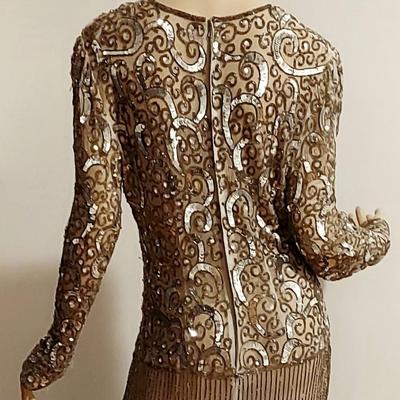 Vtg 80s Layering silver Grey Beaded maxi dress