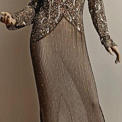 Vtg 80s Layering silver Grey Beaded maxi dress