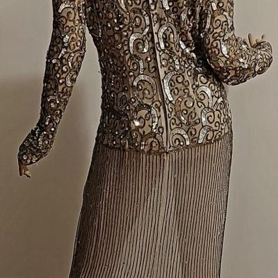 Vtg 80s Layering silver Grey Beaded maxi dress