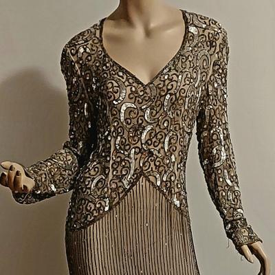 Vtg 80s Layering silver Grey Beaded maxi dress