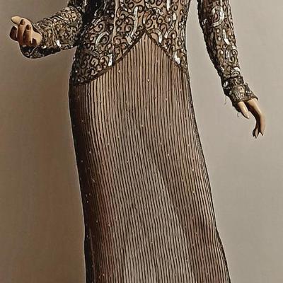 Vtg 80s Layering silver Grey Beaded maxi dress