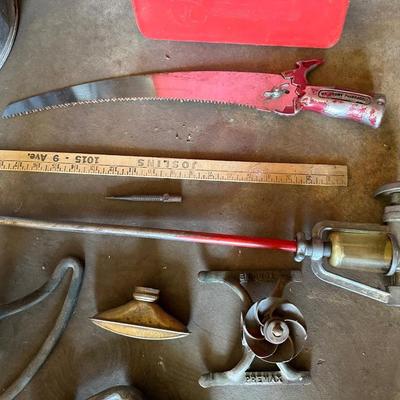 PLASTIC GAS CAN, HOSE PARTS, GALVANIZED METAL BUCKET, PRUNING SAW AND SPRINKLERS
