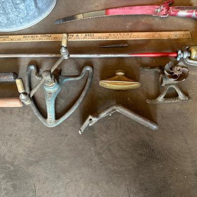 PLASTIC GAS CAN, HOSE PARTS, GALVANIZED METAL BUCKET, PRUNING SAW AND SPRINKLERS