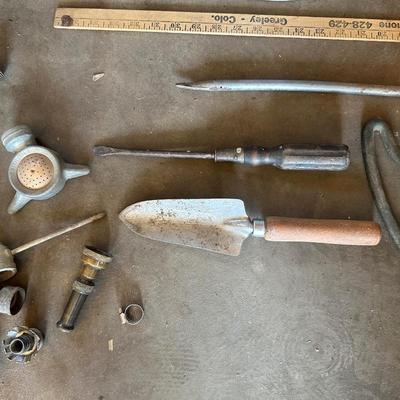 PLASTIC GAS CAN, HOSE PARTS, GALVANIZED METAL BUCKET, PRUNING SAW AND SPRINKLERS