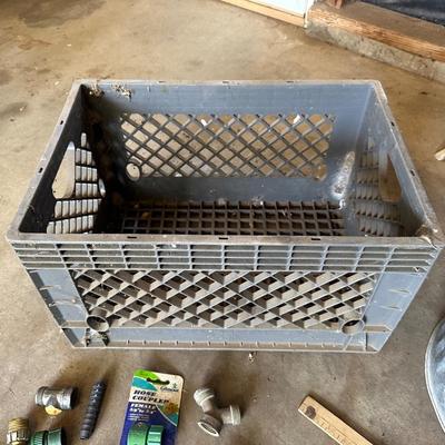 PLASTIC GAS CAN, HOSE PARTS, GALVANIZED METAL BUCKET, PRUNING SAW AND SPRINKLERS