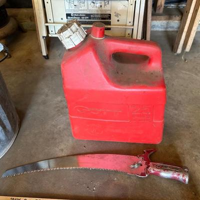 PLASTIC GAS CAN, HOSE PARTS, GALVANIZED METAL BUCKET, PRUNING SAW AND SPRINKLERS