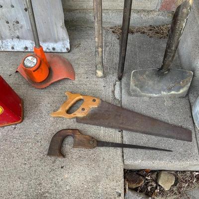 HAND SAWS, ELECTRIC GRASS TRIMMER, METAL GAS CAN, GALVANIZED METAL BUCKETS AND MORE