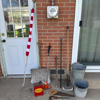 HAND SAWS, ELECTRIC GRASS TRIMMER, METAL GAS CAN, GALVANIZED METAL BUCKETS AND MORE