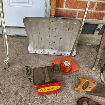 HAND SAWS, ELECTRIC GRASS TRIMMER, METAL GAS CAN, GALVANIZED METAL BUCKETS AND MORE