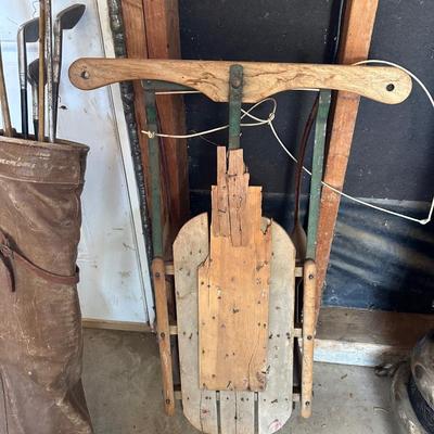 VINTAGE SLED AND GOLF CLUBS