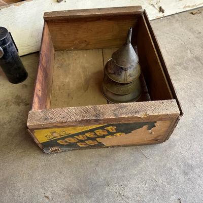 SPARE WHEELS, FUNNELS, VINTAGE TAPE MEASURE, VINTAGE FLASHLIGHT AND VINTAGE EAGLE OIL CAN
