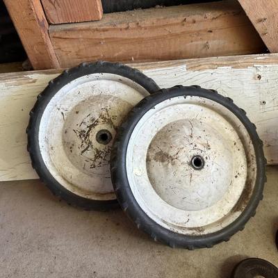 SPARE WHEELS, FUNNELS, VINTAGE TAPE MEASURE, VINTAGE FLASHLIGHT AND VINTAGE EAGLE OIL CAN