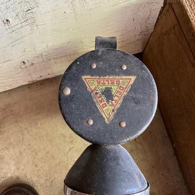 SPARE WHEELS, FUNNELS, VINTAGE TAPE MEASURE, VINTAGE FLASHLIGHT AND VINTAGE EAGLE OIL CAN