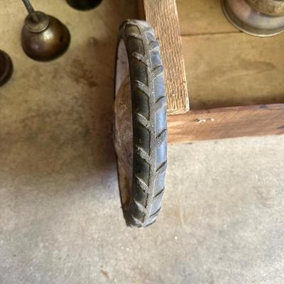 SPARE WHEELS, FUNNELS, VINTAGE TAPE MEASURE, VINTAGE FLASHLIGHT AND VINTAGE EAGLE OIL CAN