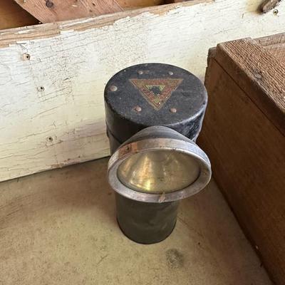 SPARE WHEELS, FUNNELS, VINTAGE TAPE MEASURE, VINTAGE FLASHLIGHT AND VINTAGE EAGLE OIL CAN