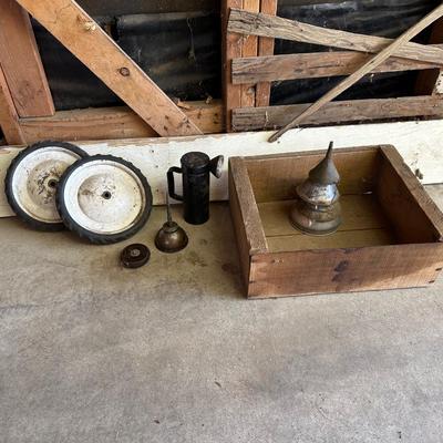 SPARE WHEELS, FUNNELS, VINTAGE TAPE MEASURE, VINTAGE FLASHLIGHT AND VINTAGE EAGLE OIL CAN