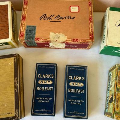 5 VINTAGE CIGAR BOXES AND 2 VINTAGE CLARK’S THREAD BOXES