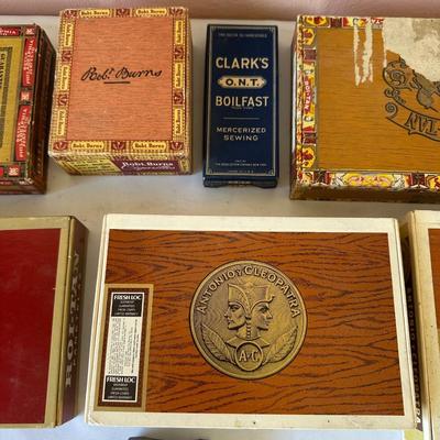 6 VINTAGE CIGAR BOXES AND 2 VINTAGE CLARK’S THREAD BOXES