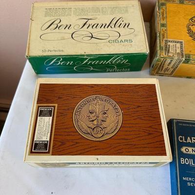 5 VINTAGE CIGAR BOXES AND 2 VINTAGE CLARK’S THREAD BOXES
