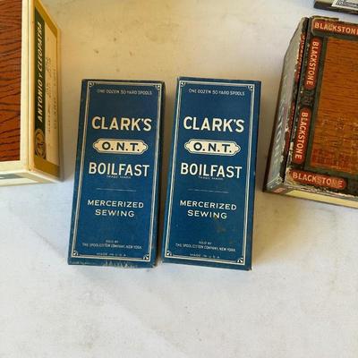 5 VINTAGE CIGAR BOXES AND 2 VINTAGE CLARK’S THREAD BOXES
