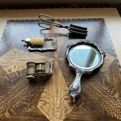 VINTAGE HAND MIRROR, VINTAGE HAIR CRIMPERS, VINTAGE DIAMANTA OPEAR GLASSES, VINTAGE TRAY AND BRUSH