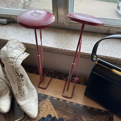 VINTAGE METAL HAT STANDS, VINTAGE WOMENS SHOES, HANDBAG, 2 PRETTY CLUTCHES, WOMENS GLOVES AND MORE