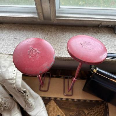 VINTAGE METAL HAT STANDS, VINTAGE WOMENS SHOES, HANDBAG, 2 PRETTY CLUTCHES, WOMENS GLOVES AND MORE