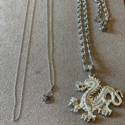 Thin 10k chain, small pendant & large Chinese dragon pendant