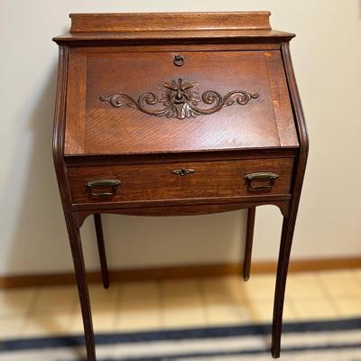 Antique Drop Slant Front Petite Secretary Desk - Ornate Lionshead Carving