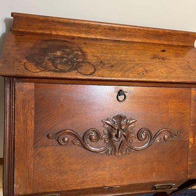 Antique Drop Slant Front Petite Secretary Desk - Ornate Lionshead Carving