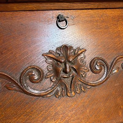 Antique Drop Slant Front Petite Secretary Desk - Ornate Lionshead Carving