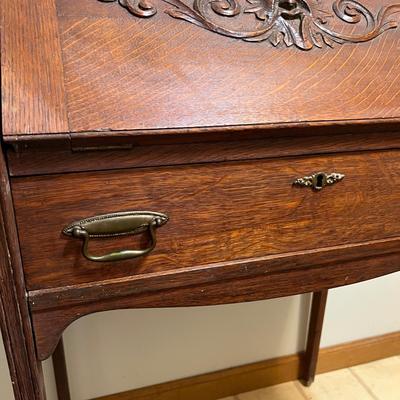 Antique Drop Slant Front Petite Secretary Desk - Ornate Lionshead Carving